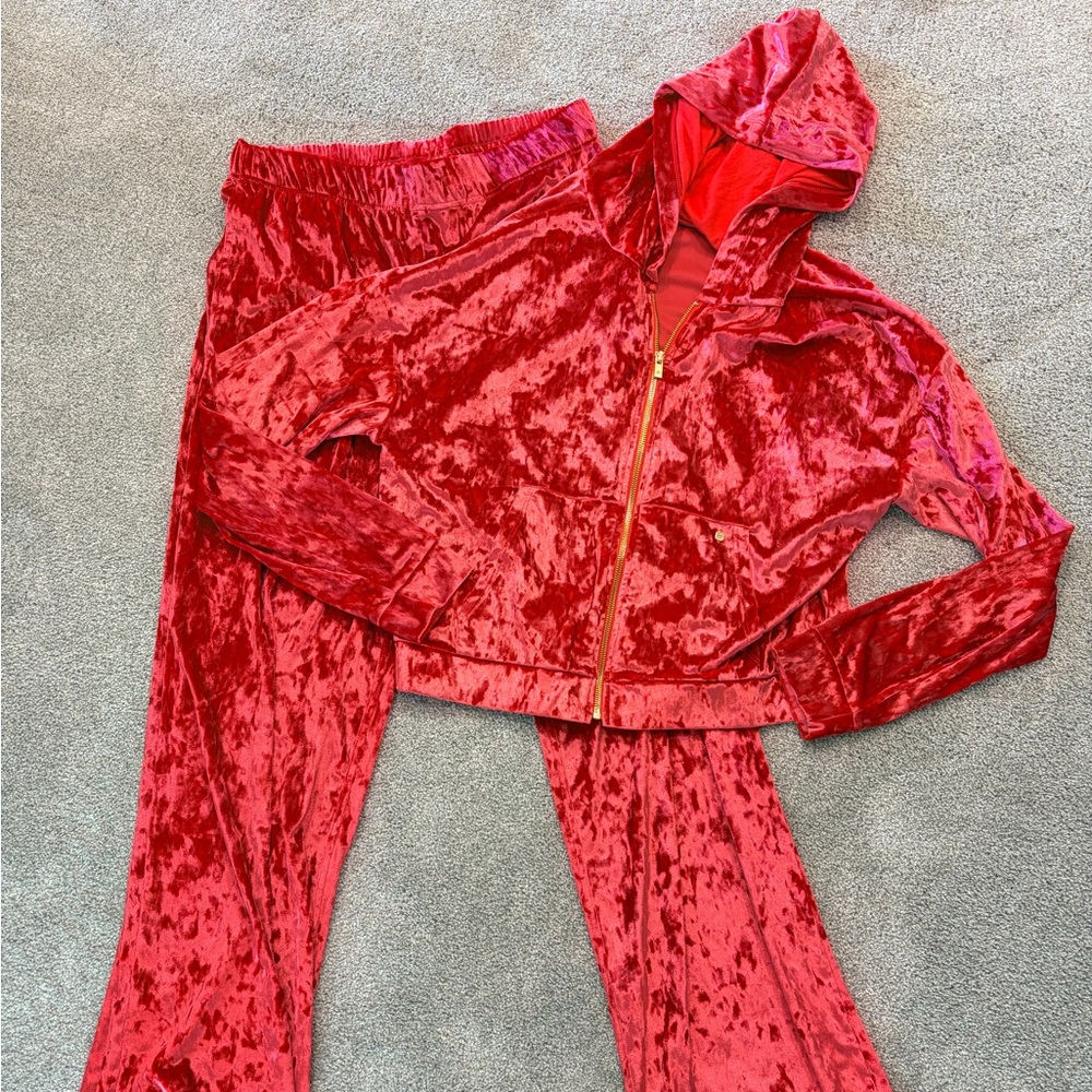 Fabletics Red Crushed Velvet Track Pants & Zip Hoodie